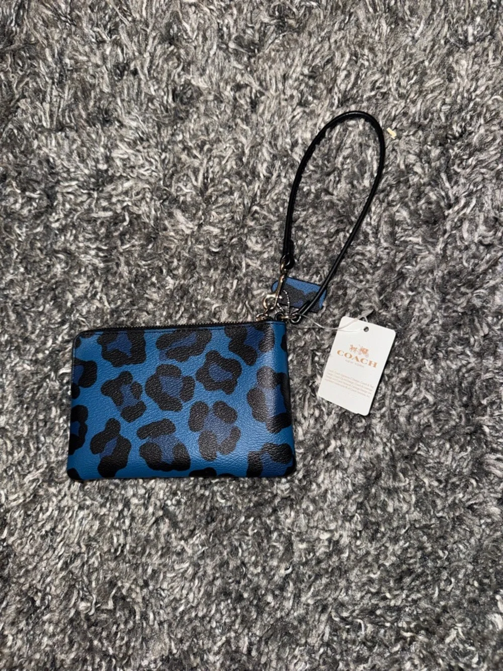 COACH Blue and Black Leopard Print Leather Wristlet